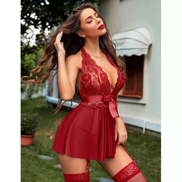 Avidlove Womens Lingerie Sexy Lace Babydoll Halter V Chemise Sleepwear with Garter Belt XS3XLDark Red