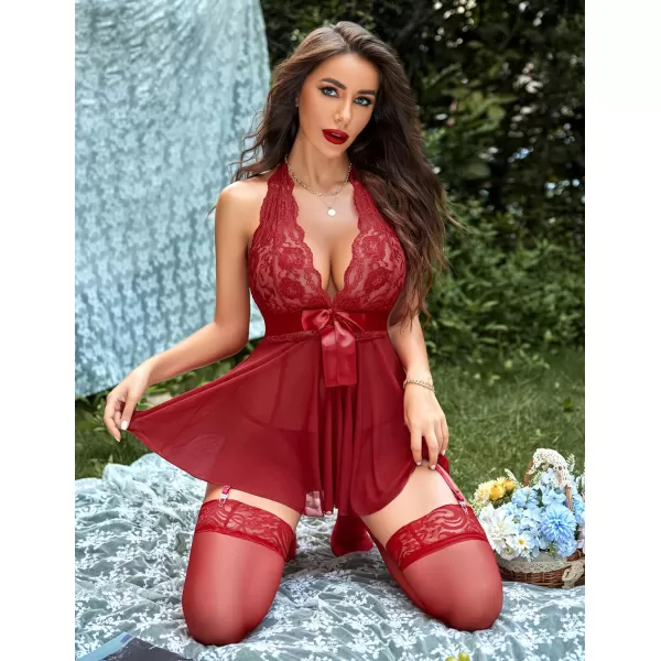 Avidlove Womens Lingerie Sexy Lace Babydoll Halter V Chemise Sleepwear with Garter Belt XS3XLDark Red