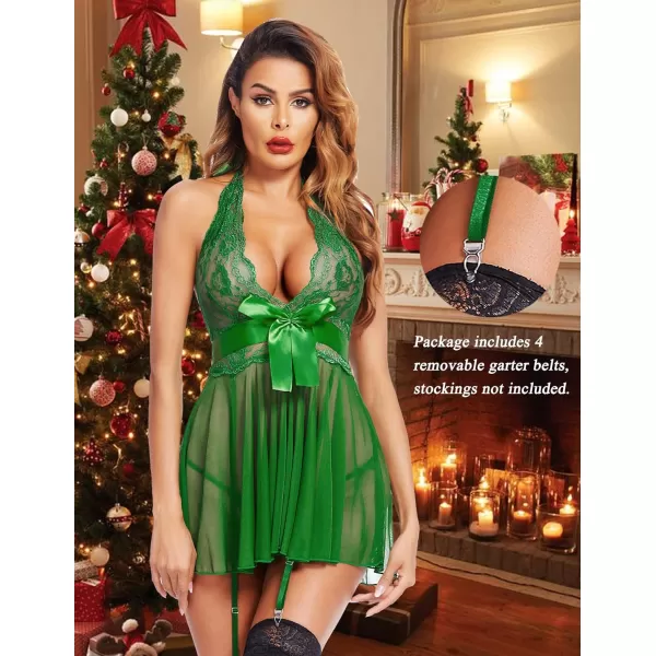 Avidlove Womens Lingerie Sexy Lace Babydoll Halter V Chemise Sleepwear with Garter Belt XS3XLGreen