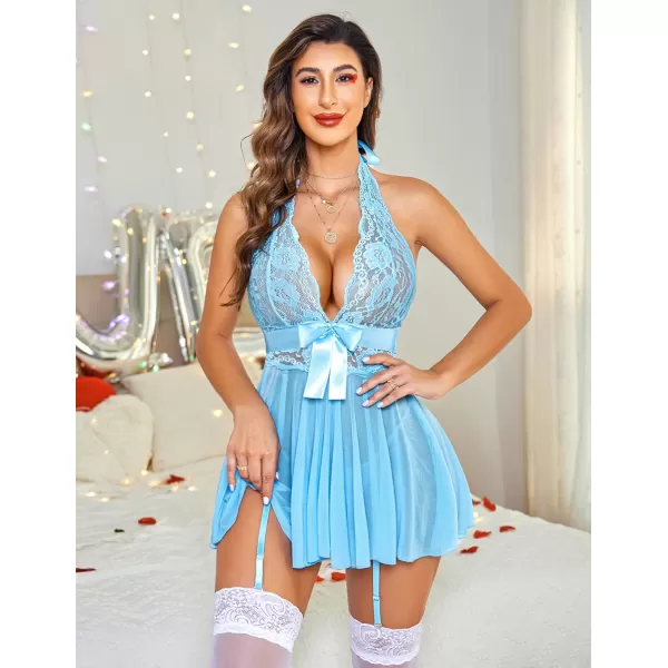 Avidlove Womens Lingerie Sexy Lace Babydoll Halter V Chemise Sleepwear with Garter Belt XS3XLLight Blue