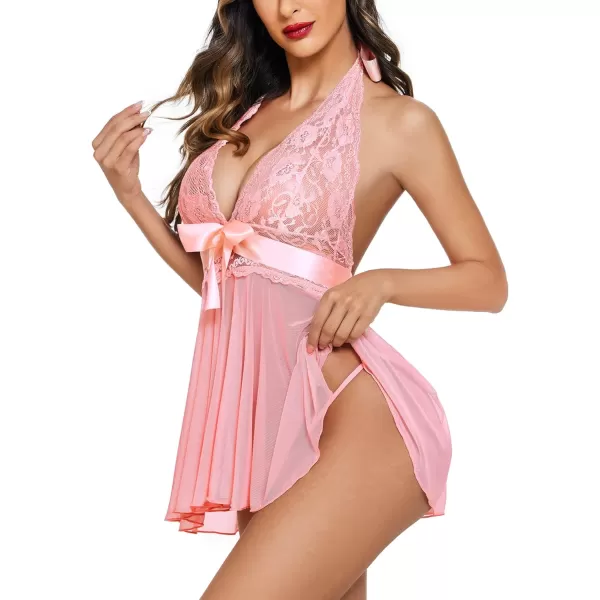 Avidlove Womens Lingerie Sexy Lace Babydoll Halter V Chemise Sleepwear with Garter Belt XS3XLPeach