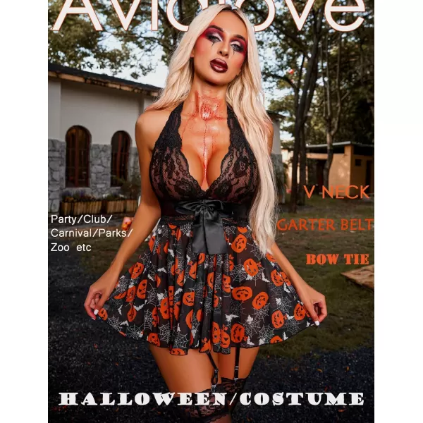 Avidlove Womens Lingerie Sexy Lace Babydoll Halter V Chemise Sleepwear with Garter Belt XS3XLPumpkin Print