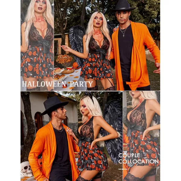 Avidlove Womens Lingerie Sexy Lace Babydoll Halter V Chemise Sleepwear with Garter Belt XS3XLPumpkin Print