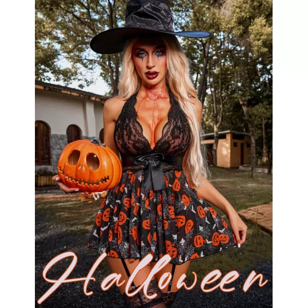 Avidlove Womens Lingerie Sexy Lace Babydoll Halter V Chemise Sleepwear with Garter Belt XS3XLPumpkin Print