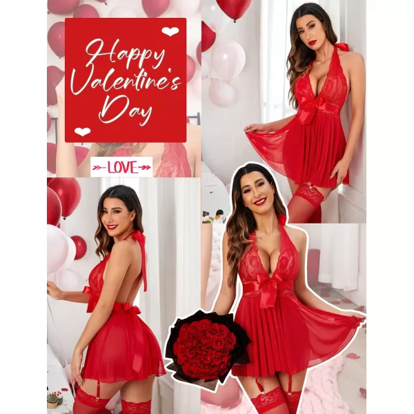 Avidlove Womens Lingerie Sexy Lace Babydoll Halter V Chemise Sleepwear with Garter Belt XS3XLRed