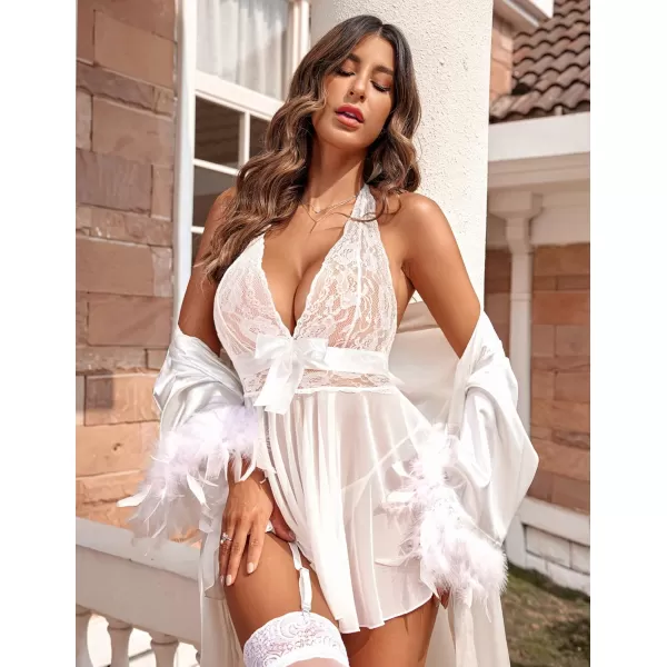 Avidlove Womens Lingerie Sexy Lace Babydoll Halter V Chemise Sleepwear with Garter Belt XS3XLWhite