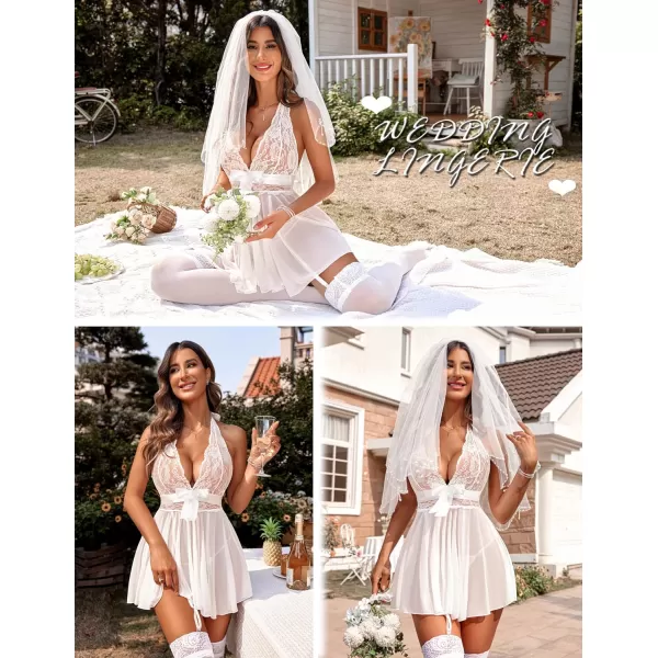 Avidlove Womens Lingerie Sexy Lace Babydoll Halter V Chemise Sleepwear with Garter Belt XS3XLWhite