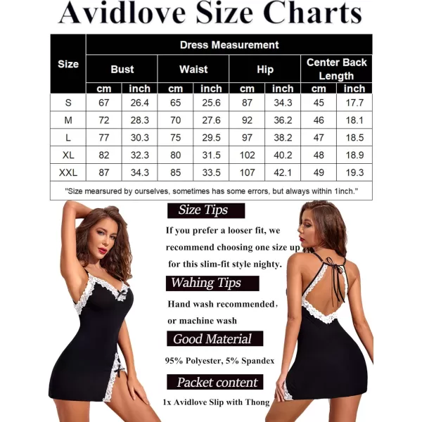 Avidlove Womens Lingerie Sexy Lace Babydoll V Neck Sleepwear Cotton Nightgowns for Women ChemiseBlack