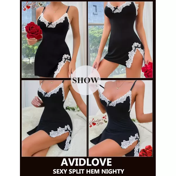 Avidlove Womens Lingerie Sexy Lace Babydoll V Neck Sleepwear Cotton Nightgowns for Women ChemiseBlack