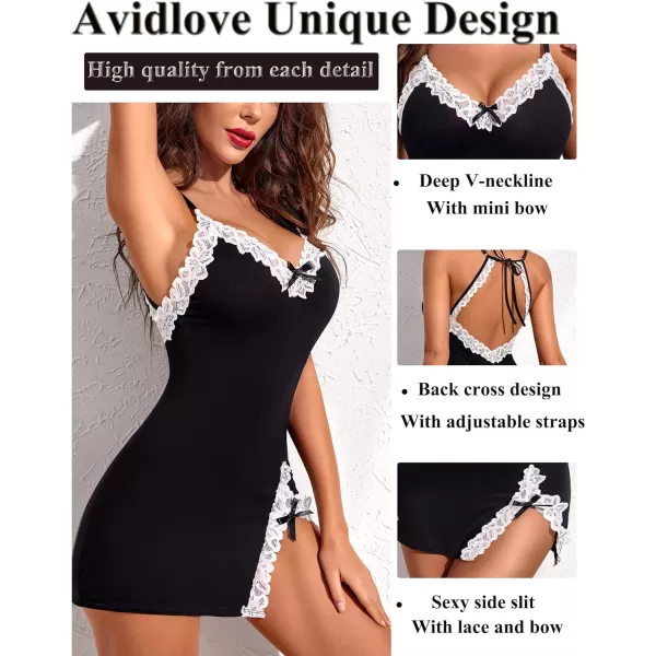 Avidlove Womens Lingerie Sexy Lace Babydoll V Neck Sleepwear Cotton Nightgowns for Women ChemiseBlack