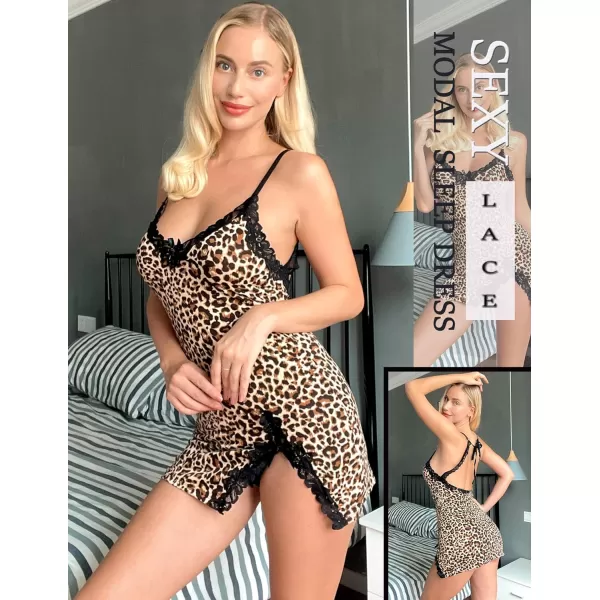 Avidlove Womens Lingerie Sexy Lace Babydoll V Neck Sleepwear Cotton Nightgowns for Women ChemiseBrown Leopard
