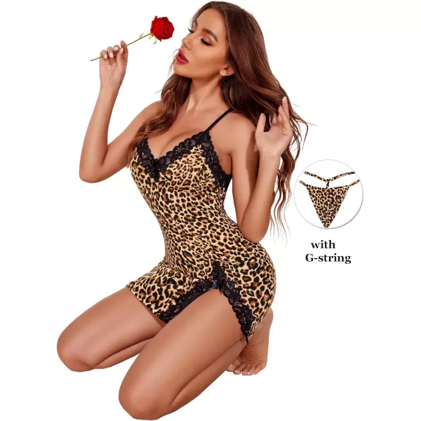 Avidlove Womens Lingerie Sexy Lace Babydoll V Neck Sleepwear Cotton Nightgowns for Women ChemiseBrown Leopard