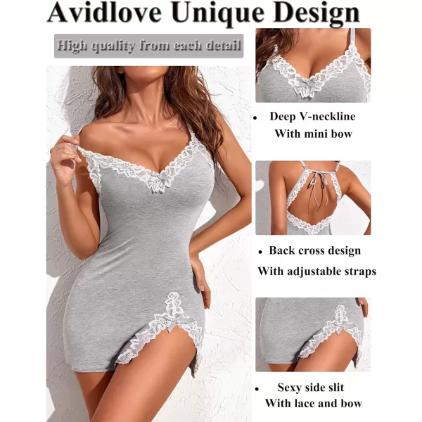 Avidlove Womens Lingerie Sexy Lace Babydoll V Neck Sleepwear Cotton Nightgowns for Women ChemiseGrey