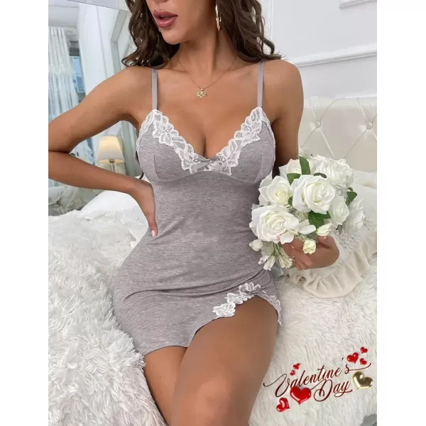 Avidlove Womens Lingerie Sexy Lace Babydoll V Neck Sleepwear Cotton Nightgowns for Women ChemiseGrey