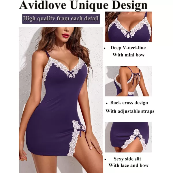 Avidlove Womens Lingerie Sexy Lace Babydoll V Neck Sleepwear Cotton Nightgowns for Women ChemiseNavy Blue