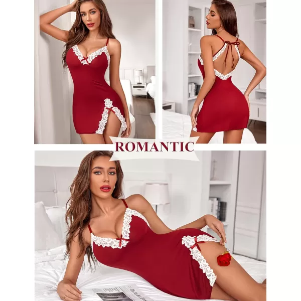 Avidlove Womens Lingerie Sexy Lace Babydoll V Neck Sleepwear Cotton Nightgowns for Women ChemiseWine Red