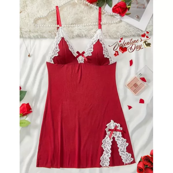 Avidlove Womens Lingerie Sexy Lace Babydoll V Neck Sleepwear Cotton Nightgowns for Women ChemiseWine Red