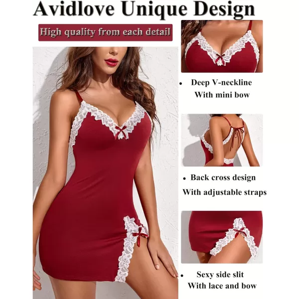 Avidlove Womens Lingerie Sexy Lace Babydoll V Neck Sleepwear Cotton Nightgowns for Women ChemiseWine Red