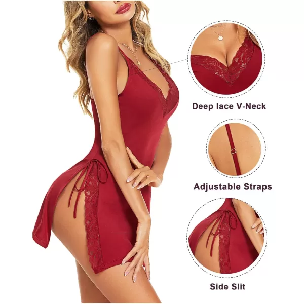 Avidlove Womens Lingerie Sexy Nightgown Sleepwear Lace Chemise Side Slit Nightie with ThongDark Red