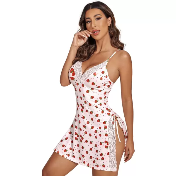 Avidlove Womens Lingerie Sexy Nightgown Sleepwear Lace Chemise Side Slit Nightie with ThongStrawberry