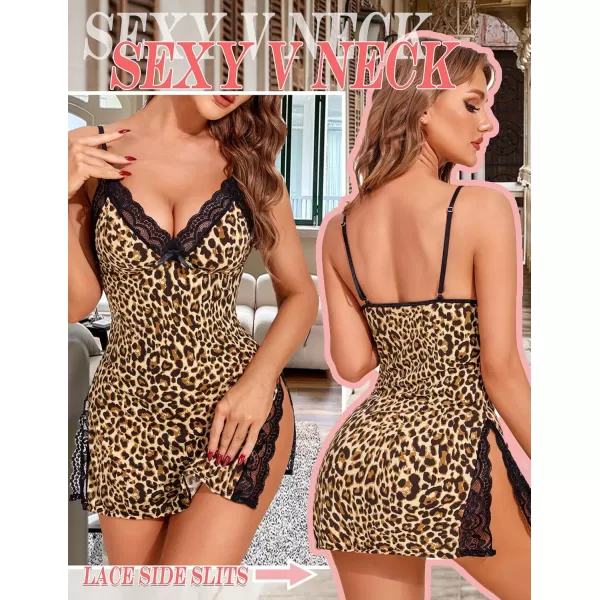 Avidlove Womens Lingerie Sexy Nightwear Spaghetti Strap Nightgown Babydoll ChemiseBrown Leopard