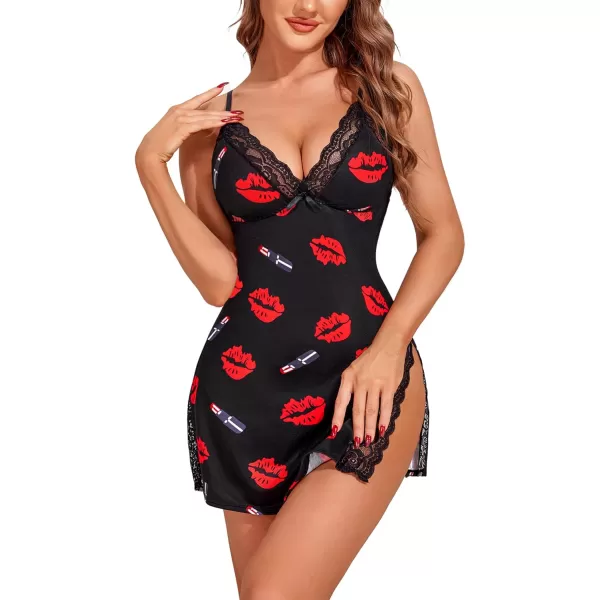 Avidlove Womens Lingerie Sexy Nightwear Spaghetti Strap Nightgown Babydoll ChemiseRed Lips