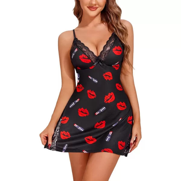 Avidlove Womens Lingerie Sexy Nightwear Spaghetti Strap Nightgown Babydoll ChemiseRed Lips