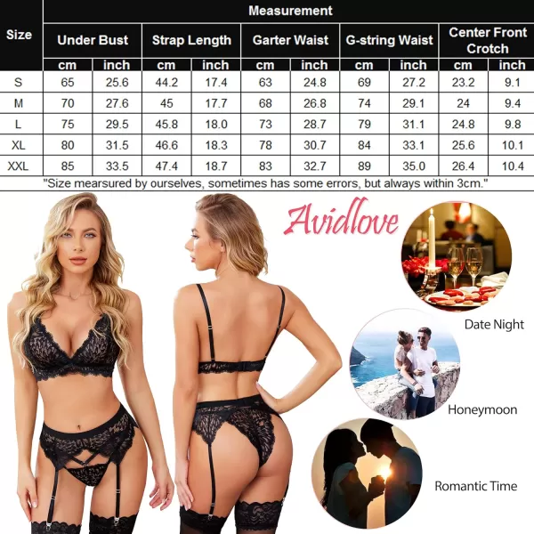 Avidlove Womens Lingerie Sexy Set Bralette Bra and Panty with Garter belt Sexy 3 Piece Underwear Set Black LAvidlove Womens Lingerie Sexy Set Bralette Bra and Panty with Garter belt Sexy 3 Piece Underwear Set Black L