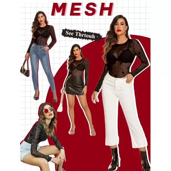 Avidlove Womens Mesh Bodysuit Black Long Sleeve Bodysuit Round Neck Sheer Leotards Sexy Bodysuit Tops Snap CrotchBlack Star