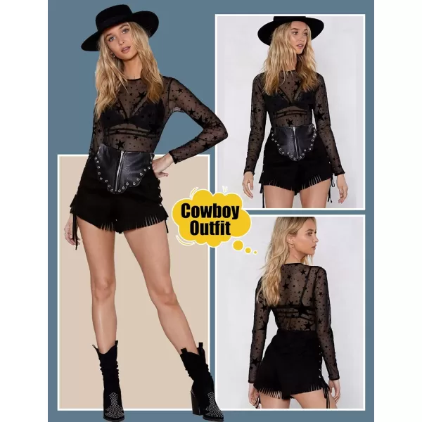 Avidlove Womens Mesh Bodysuit Black Long Sleeve Bodysuit Round Neck Sheer Leotards Sexy Bodysuit Tops Snap CrotchBlack Star