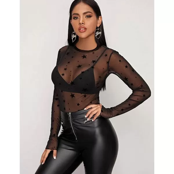 Avidlove Womens Mesh Bodysuit Black Long Sleeve Bodysuit Round Neck Sheer Leotards Sexy Bodysuit Tops Snap CrotchBlack Star