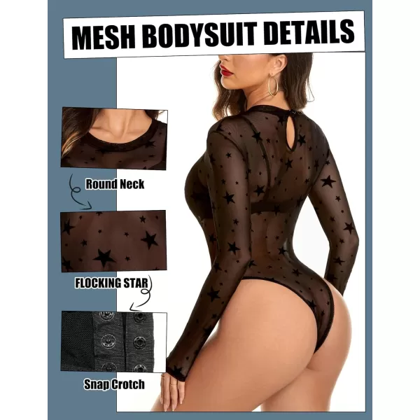Avidlove Womens Mesh Bodysuit Black Long Sleeve Bodysuit Round Neck Sheer Leotards Sexy Bodysuit Tops Snap CrotchBlack Star