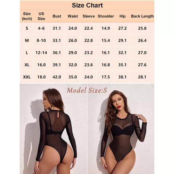 Avidlove Womens Mesh Bodysuit Black Long Sleeve Bodysuit Round Neck Sheer Leotards Sexy Bodysuit Tops Snap CrotchBlack02