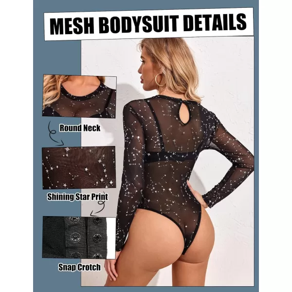 Avidlove Womens Mesh Bodysuit Black Long Sleeve Bodysuit Round Neck Sheer Leotards Sexy Bodysuit Tops Snap CrotchConstellation