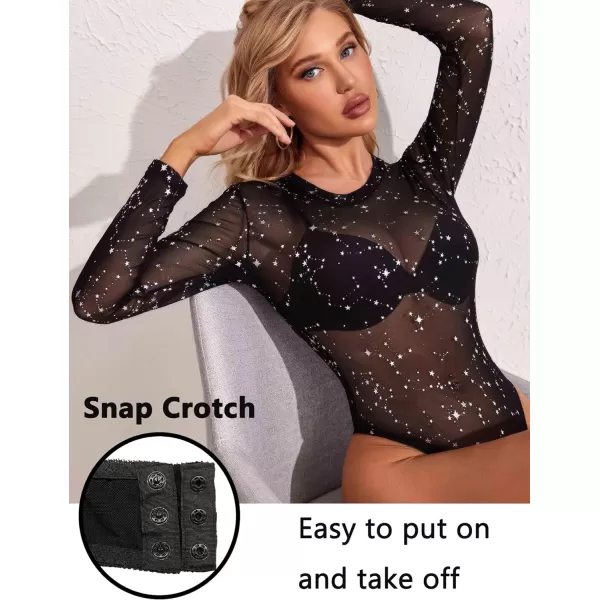 Avidlove Womens Mesh Bodysuit Black Long Sleeve Bodysuit Round Neck Sheer Leotards Sexy Bodysuit Tops Snap CrotchConstellation