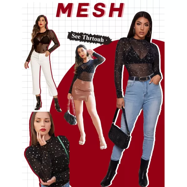 Avidlove Womens Mesh Bodysuit Black Long Sleeve Bodysuit Round Neck Sheer Leotards Sexy Bodysuit Tops Snap CrotchConstellation
