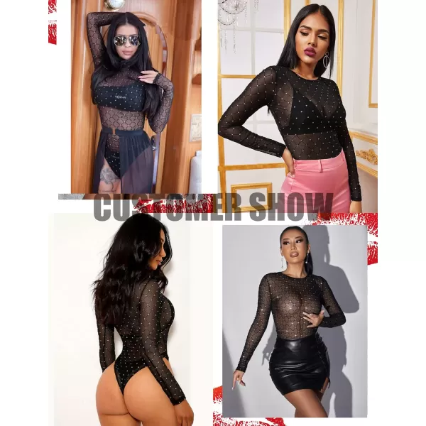 Avidlove Womens Mesh Bodysuit Black Long Sleeve Bodysuit Round Neck Sheer Leotards Sexy Bodysuit Tops Snap CrotchGeo Pattern