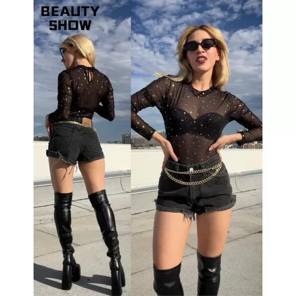 Avidlove Womens Mesh Bodysuit Black Long Sleeve Bodysuit Round Neck Sheer Leotards Sexy Bodysuit Tops Snap CrotchGold Star