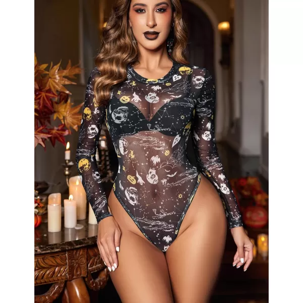 Avidlove Womens Mesh Bodysuit Black Long Sleeve Bodysuit Round Neck Sheer Leotards Sexy Bodysuit Tops Snap CrotchHalloween