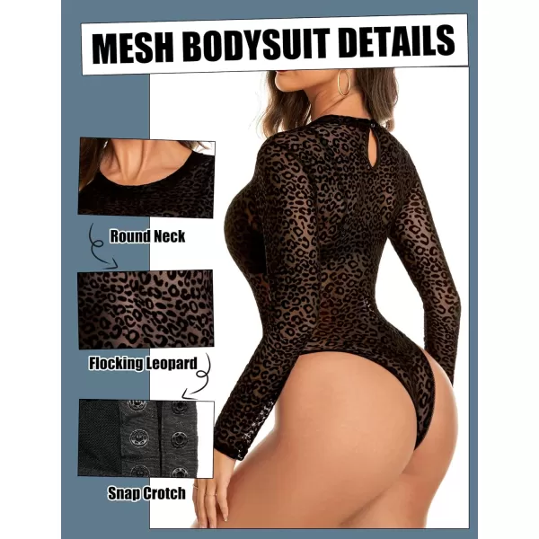 Avidlove Womens Mesh Bodysuit Black Long Sleeve Bodysuit Round Neck Sheer Leotards Sexy Bodysuit Tops Snap CrotchLeopard Pattern