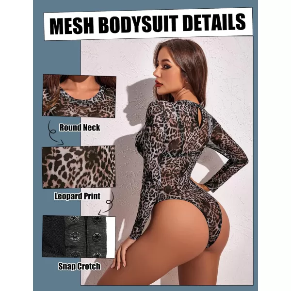 Avidlove Womens Mesh Bodysuit Black Long Sleeve Bodysuit Round Neck Sheer Leotards Sexy Bodysuit Tops Snap CrotchLeopardb