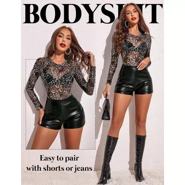 Avidlove Womens Mesh Bodysuit Black Long Sleeve Bodysuit Round Neck Sheer Leotards Sexy Bodysuit Tops Snap CrotchLeopardb