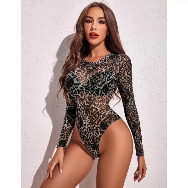 Avidlove Womens Mesh Bodysuit Black Long Sleeve Bodysuit Round Neck Sheer Leotards Sexy Bodysuit Tops Snap CrotchLeopardb