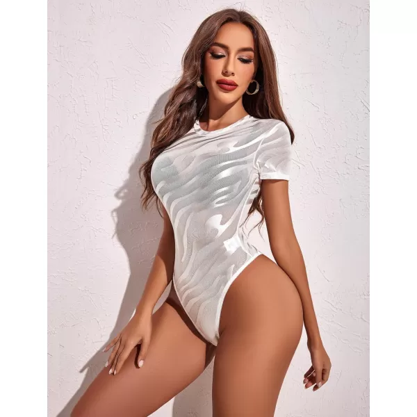 Avidlove Womens Mesh Bodysuit Black Long Sleeve Bodysuit Round Neck Sheer Leotards Sexy Bodysuit Tops Snap CrotchShort Sleeve White Zebra