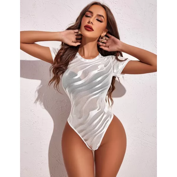 Avidlove Womens Mesh Bodysuit Black Long Sleeve Bodysuit Round Neck Sheer Leotards Sexy Bodysuit Tops Snap CrotchShort Sleeve White Zebra