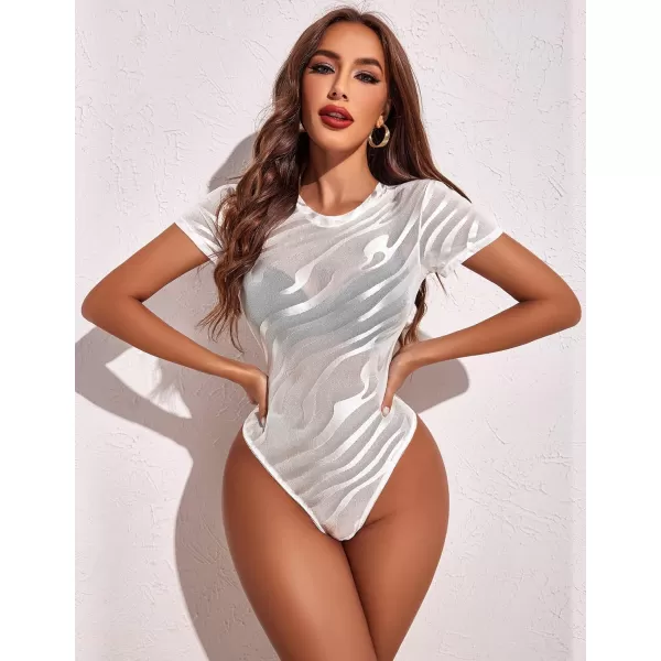 Avidlove Womens Mesh Bodysuit Black Long Sleeve Bodysuit Round Neck Sheer Leotards Sexy Bodysuit Tops Snap CrotchShort Sleeve White Zebra