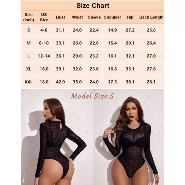 Avidlove Womens Mesh Bodysuit Black Long Sleeve Bodysuit Round Neck Sheer Leotards Sexy Bodysuit Tops Snap CrotchSquare Pattern