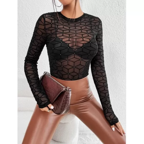Avidlove Womens Mesh Bodysuit Black Long Sleeve Bodysuit Round Neck Sheer Leotards Sexy Bodysuit Tops Snap CrotchSquare Pattern