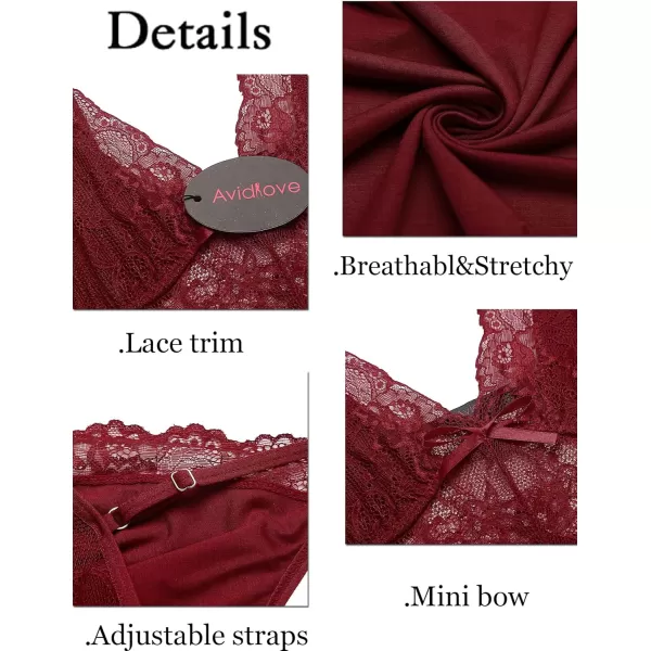 Avidlove Womens Nightgowns Sexy Sleepwear Chemise Lingerie Slip Dress Lace NightyWine Red