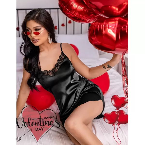 Avidlove Womens Nightwear Sexy Satin Sleepwear Lace Chemises Mini Full Slip1 Black